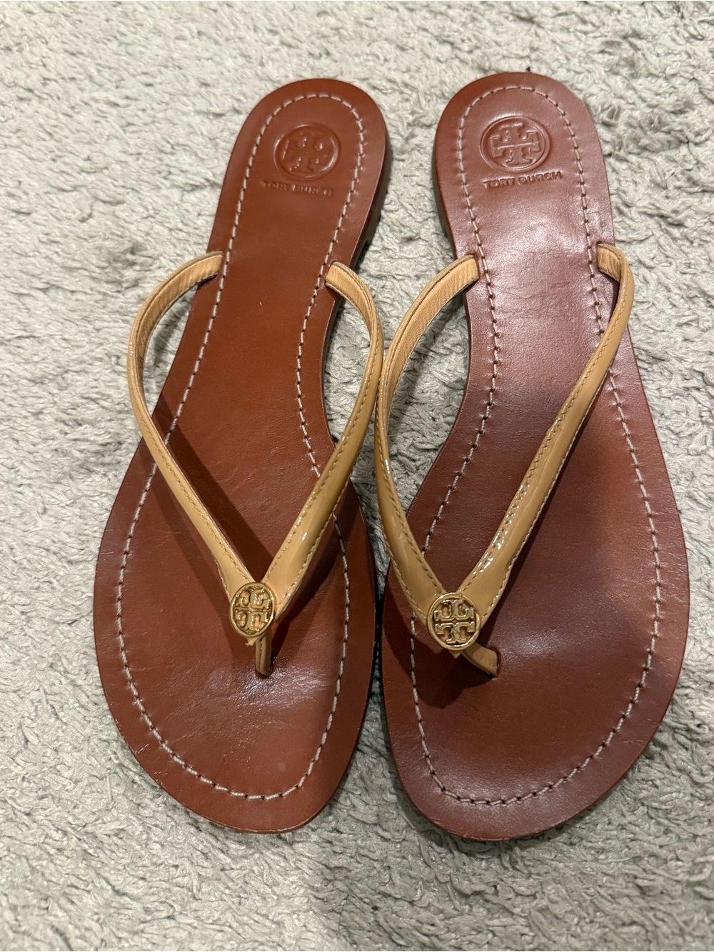 Tory Burch Tan Patent Leather Logo Thong Sandals
